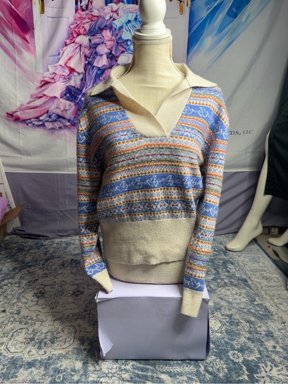 J. Crew Cream and Blue Fair Isle V-Neck Sweater